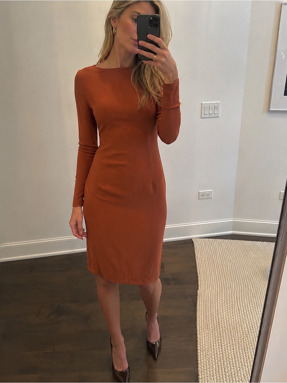 Akris Luxury Designer Cognac Brown Dress Zipper Neckline Womens US 6 Minimalist